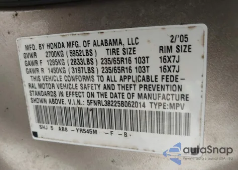 2005 Honda Odyssey Lx z USA, uszkodzony, nr VIN 5FNRL38225B062014